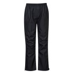 A pair of black work trousers designed for use on construction sites and in industrial work environments.,