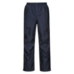A pair of navy blue work trousers designed for use on construction sites and in industrial work environments.,