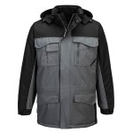 A black jacket designed for use on construction sites and in industrial work environments.,