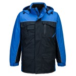 A navy blue jacket designed for use on construction sites and in industrial work environments.,