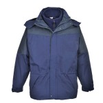 A navy blue jacket designed for use on construction sites and in industrial work environments.,