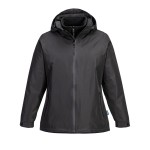 A women's black jacket designed for use on construction sites and in industrial work environments.,