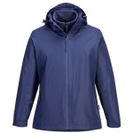 A women's navy blue jacket designed for use on construction sites and in industrial work environments.,