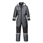 A grey coverall designed for use on construction sites and in industrial work environments.,