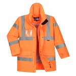 A high-visibility orange waterproof jacket featuring retroreflective tape panels, suitable for a wide range of outdoor and site work applications.