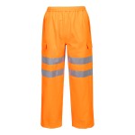 A pair of high-visibility orange trousers featuring retroreflective tape panels, suitable for a wide range of outdoor and site work applications.