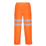 A pair of high-visibility orange trousers featuring retroreflective tape panels, suitable for a wide range of outdoor and site work applications.