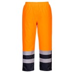 A pair of high-visibility orange trousers featuring retroreflective tape panels, suitable for a wide range of outdoor and site work applications.