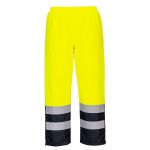 A pair of high-visibility yellow trousers featuring retroreflective tape panels, suitable for a wide range of outdoor and site work applications.