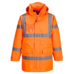 A high-visibility orange waterproof jacket featuring retroreflective tape panels, suitable for a wide range of outdoor and site work applications.