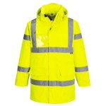 A high-visibility yellow waterproof jacket featuring retroreflective tape panels, suitable for a wide range of outdoor and site work applications.