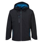 A black waterproof jacket designed for use on construction sites and in industrial work environments.,