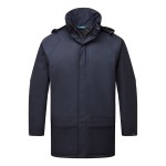 A navy blue jacket designed for use on construction sites and in industrial work environments.,