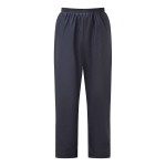 A pair of navy blue work trousers designed for use on construction sites and in industrial work environments.,