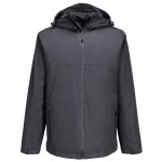 A grey waterproof jacket designed for use on construction sites and in industrial work environments.,
