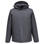 A grey jacket designed for use on construction sites and in industrial work environments.,