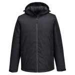 A navy blue jacket designed for use on construction sites and in industrial work environments.,