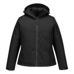 A women's black jacket designed for use on construction sites and in industrial work environments.,