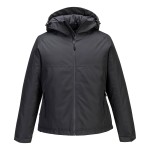 A women's grey jacket designed for use on construction sites and in industrial work environments.,