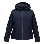 A women's navy blue jacket designed for use on construction sites and in industrial work environments.,