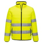 A high-visibility yellow jacket featuring retroreflective tape panels, suitable for a wide range of outdoor and site work applications.