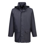 A navy blue jacket featuring stretch panels for ease of movement, suitable for a wide range of outdoor and site work applications.