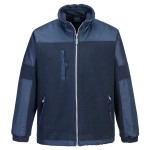A navy blue workwear garment designed for use on construction sites and in industrial work environments.,