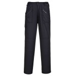 A pair of women's black work trousers designed for use on construction sites and in industrial work environments.,