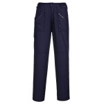 A pair of women's navy blue work trousers designed for use on construction sites and in industrial work environments.,