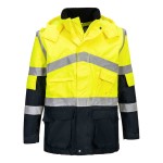 A high-visibility yellow waterproof jacket featuring retroreflective tape panels, a breathable membrane, suitable for a wide range of outdoor and site work applications.