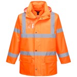 A high-visibility orange jacket featuring retroreflective tape panels, suitable for a wide range of outdoor and site work applications.