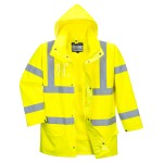 A high-visibility yellow jacket featuring retroreflective tape panels, suitable for a wide range of outdoor and site work applications.