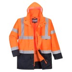 A high-visibility orange jacket featuring retroreflective tape panels, suitable for a wide range of outdoor and site work applications.