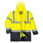 A high-visibility yellow jacket featuring retroreflective tape panels, suitable for a wide range of outdoor and site work applications.