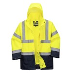 A high-visibility yellow jacket featuring retroreflective tape panels, suitable for a wide range of outdoor and site work applications.