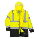 A high-visibility yellow jacket featuring retroreflective tape panels, suitable for a wide range of outdoor and site work applications.