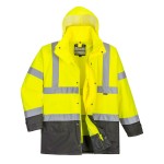 A high-visibility yellow jacket featuring retroreflective tape panels, suitable for a wide range of outdoor and site work applications.