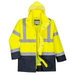 A high-visibility yellow jacket featuring retroreflective tape panels, suitable for a wide range of outdoor and site work applications.