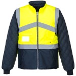 A high-visibility yellow waterproof jacket featuring retroreflective tape panels, a breathable membrane, suitable for a wide range of outdoor and site work applications.