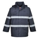 A navy blue waterproof jacket featuring flame-resistant fabric, suitable for a wide range of outdoor and site work applications.
