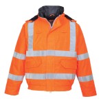 A high-visibility orange waterproof jacket featuring retroreflective tape panels, flame-resistant fabric, suitable for a wide range of outdoor and site work applications.