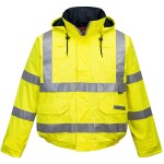 A high-visibility yellow waterproof jacket featuring retroreflective tape panels, flame-resistant fabric, suitable for a wide range of outdoor and site work applications.