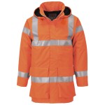 A high-visibility orange waterproof jacket featuring retroreflective tape panels, flame-resistant fabric, suitable for a wide range of outdoor and site work applications.