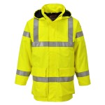 A high-visibility yellow waterproof jacket featuring retroreflective tape panels, flame-resistant fabric, suitable for a wide range of outdoor and site work applications.