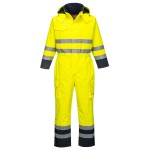 A high-visibility yellow coverall featuring retroreflective tape panels, flame-resistant fabric, suitable for a wide range of outdoor and site work applications.