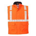 A high-visibility orange workwear garment featuring retroreflective tape panels, flame-resistant fabric, suitable for a wide range of outdoor and site work applications.