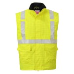 A high-visibility yellow workwear garment featuring retroreflective tape panels, flame-resistant fabric, suitable for a wide range of outdoor and site work applications.