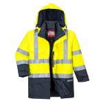A high-visibility yellow waterproof jacket featuring retroreflective tape panels, flame-resistant fabric, suitable for a wide range of outdoor and site work applications.