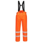 A pair of high-visibility orange trousers featuring retroreflective tape panels, flame-resistant fabric, suitable for a wide range of outdoor and site work applications.