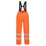 A pair of high-visibility orange trousers featuring retroreflective tape panels, flame-resistant fabric, suitable for a wide range of outdoor and site work applications.